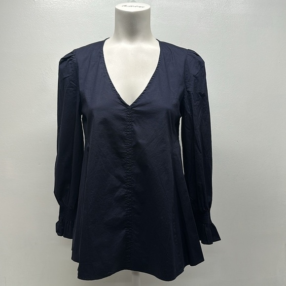 Pomander Place Tuckernuck Easton Blouse Poplin V-neck Puff Sleeve Blue Small XS - Picture 2 of 8